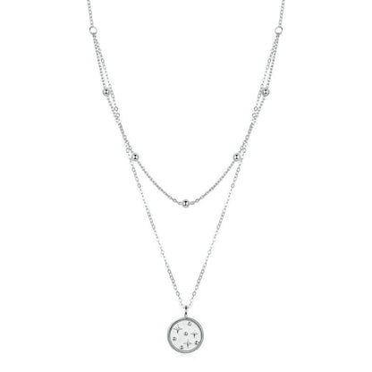 Double-layer silver necklace with small star pendant and round charm, fine chain links
