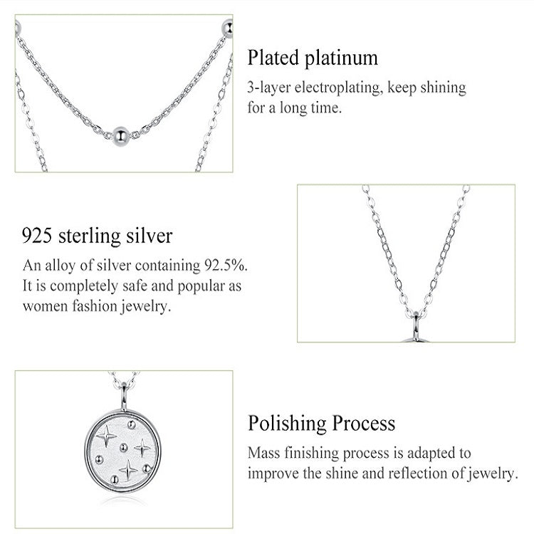 Silver-tone star pendant necklace with round charm, double-layer chain design