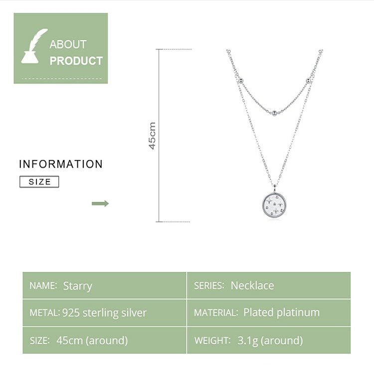 Starry round charm double-layer necklace in silver-tone, shown on white background