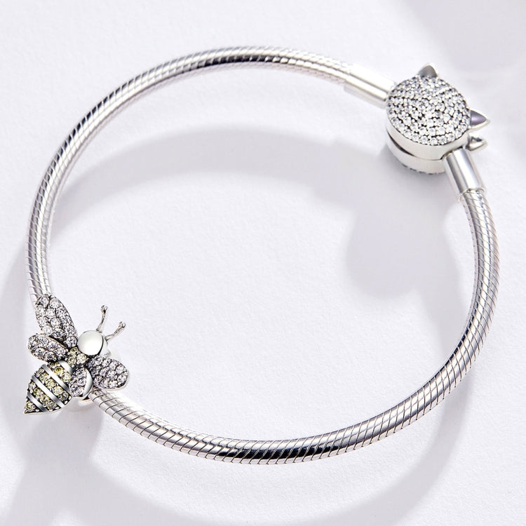 Sterling silver beaded bracelet with bee charm and pavé clasp