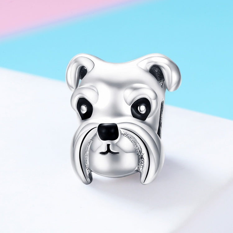 Schnauzer dog charm bead in polished silver with black enamel facial details and side loops