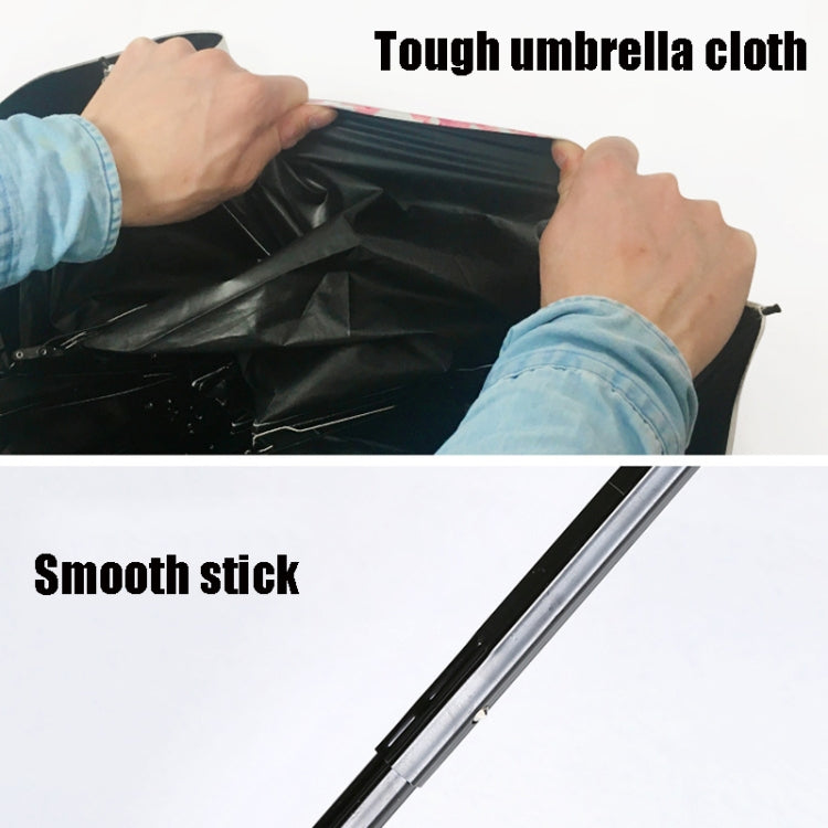 Umbrella mechanism close-up: hands and smooth black telescoping rod inside canopy