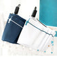 Folding umbrella set on stand: navy and white designs with cat stripe and black handles