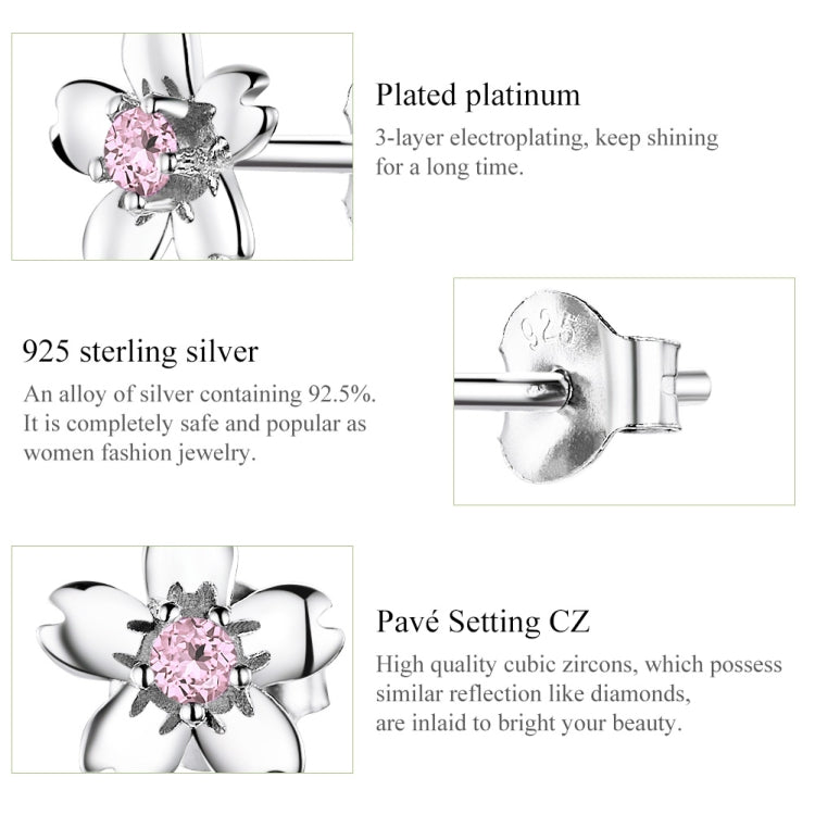 Sterling silver flower stud earrings with pink zircon center and platinum plating
