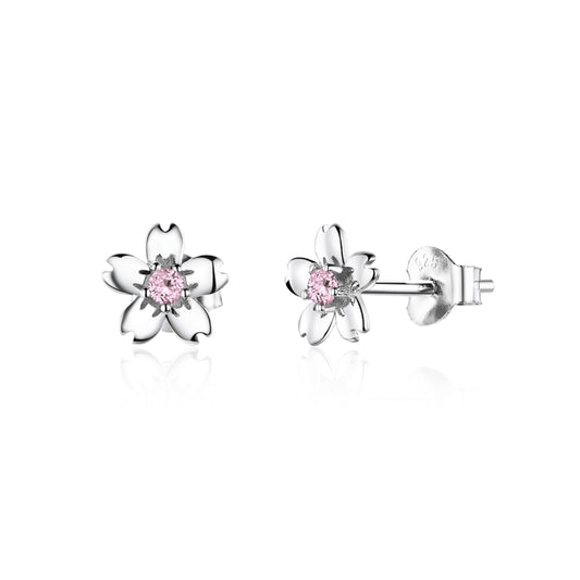 Sterling silver flower stud earrings with pink round zircon center and small petals