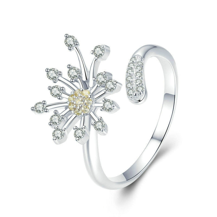 Sterling silver dandelion flower ring with yellow center and clear CZ petals