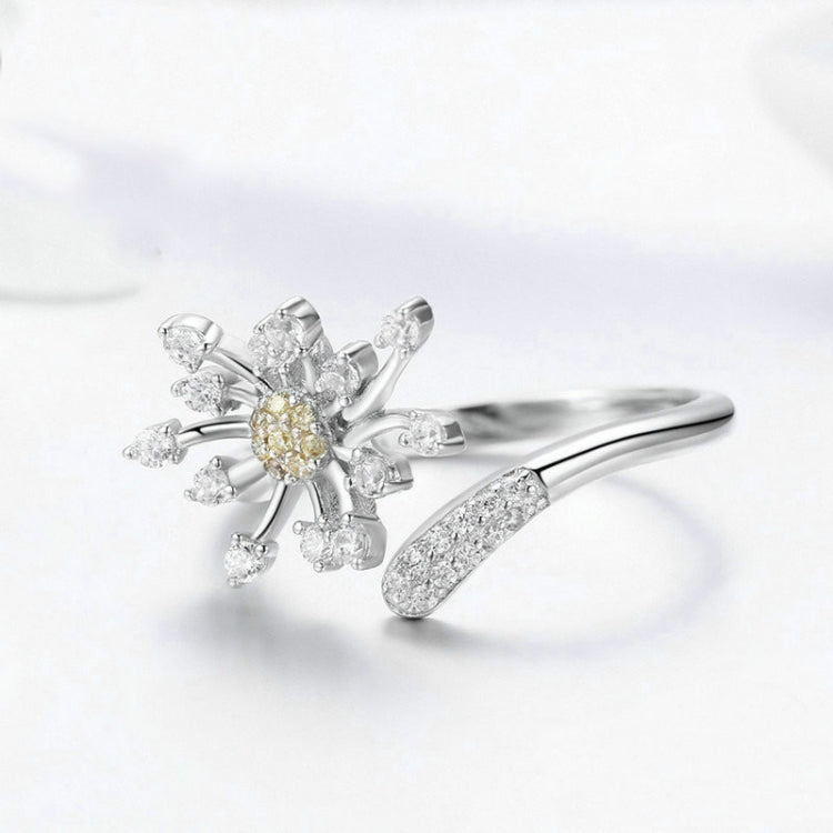 Silver dandelion flower ring with yellow center and clear CZ stones plus matching band