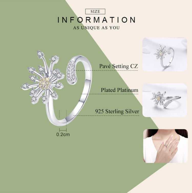Size info graphic showing dandelion ring with pave CZ, plated platinum, 925 sterling silver
