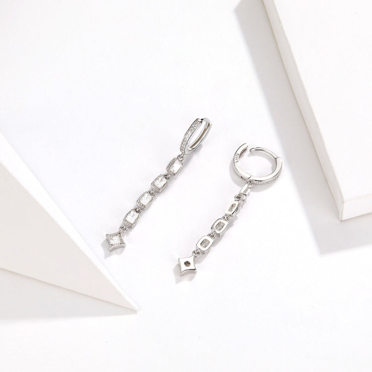Sterling silver zircon drop earrings with linked square stones, pair