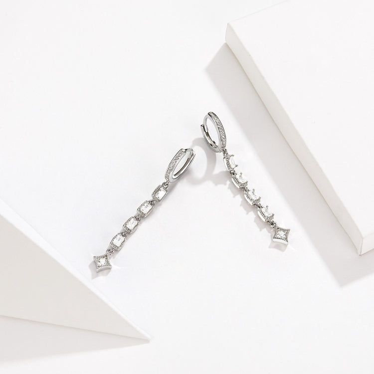 Silver-tone huggie drop earrings with stacked cz rectangles and a star end charm