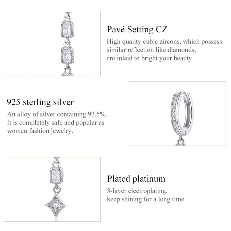 Long drop cz earrings, silver-tone finish, shown with close-up inset details