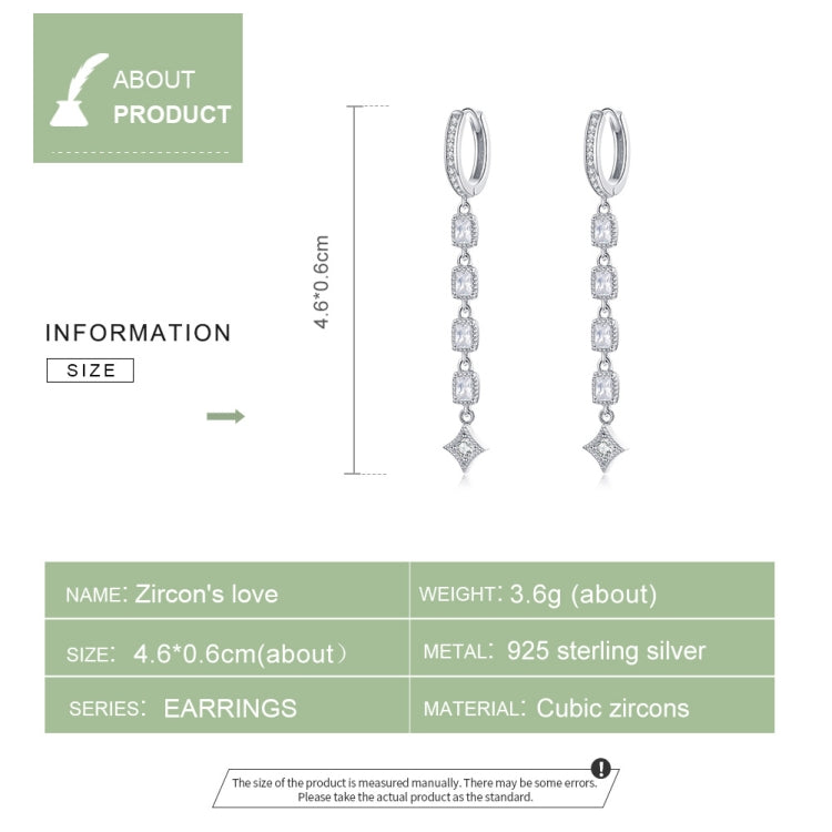 Long drop cz earrings shown on an information layout with front view and size diagram