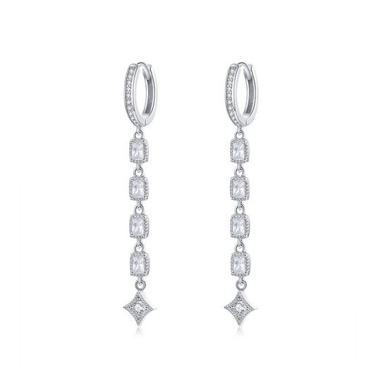 Long drop hoop earrings with stacked square and star cz dangles in silver-tone