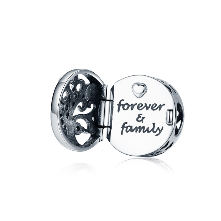 Openable round sterling silver family tree charm, engraved heart with 'forever & family'