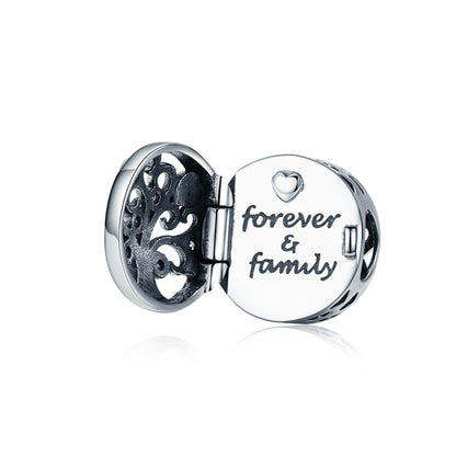 Openable round sterling silver family tree charm, engraved heart with 'forever & family'