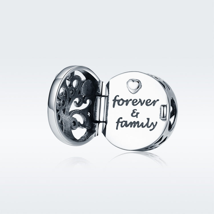 Openable round sterling silver charm with family tree panel and 'forever & family' engraving