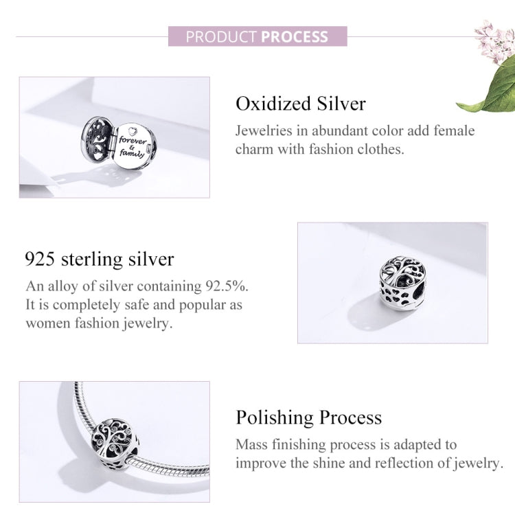 Sterling silver openable charm bead showing oxidized family tree and 'forever & family'