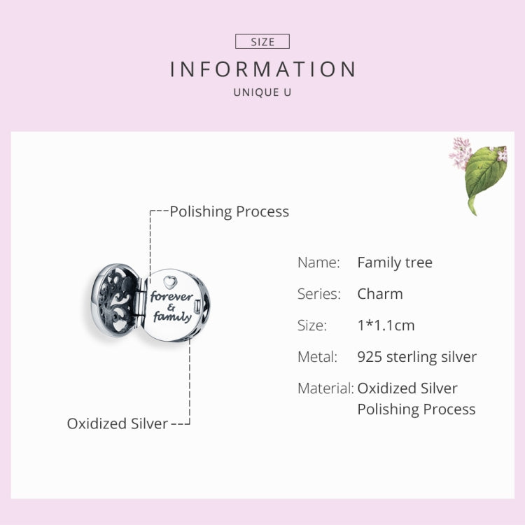 Sterling silver openable charm bead with oxidized family tree and 'forever & family' side