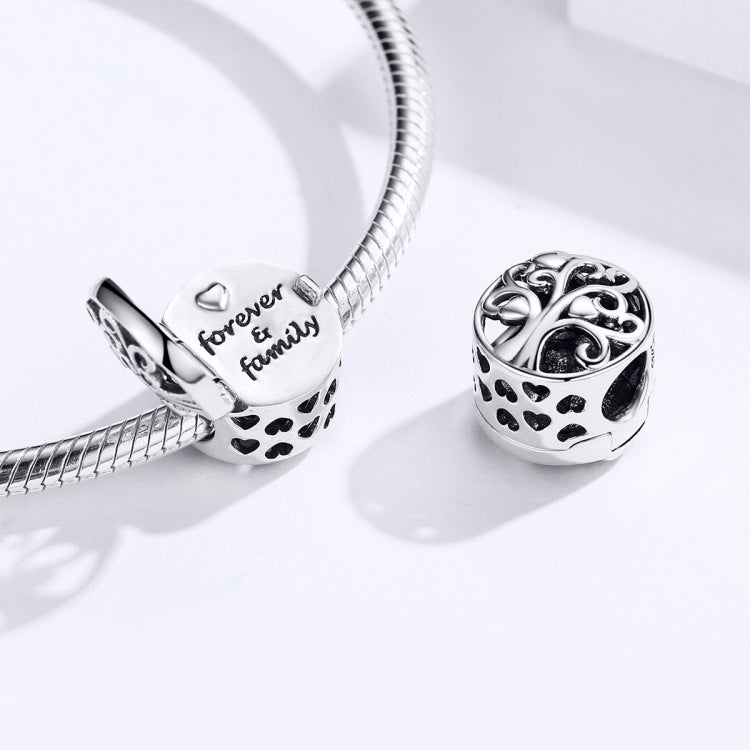 Openable family tree charm bead on silver snake chain, with heart and 'forever & family' engraving