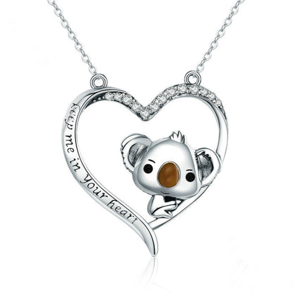 Sterling silver koala heart pendant necklace with clear stones and engraved text