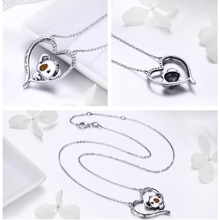Sterling silver koala heart pendant necklace with clear CZ stones and chain