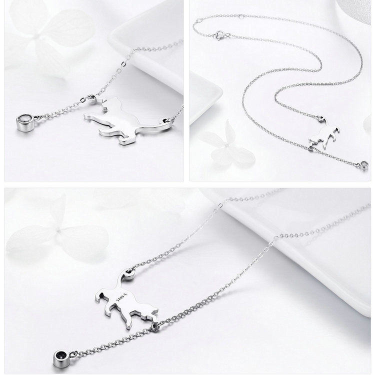 Cat silhouette charm necklace with dangling round CZ disc and fine link chain