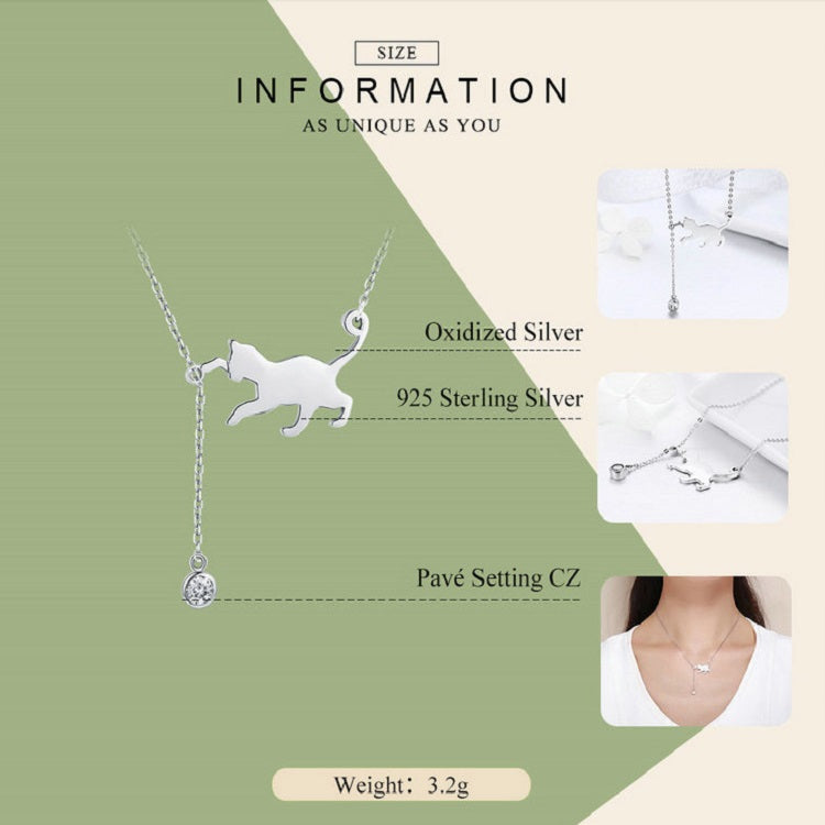 Silver cat charm necklace with round CZ pendant on a fine chain