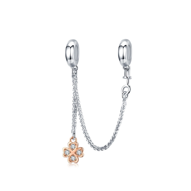 Platinum-plated bracelet safety chain with clover charm and extender links