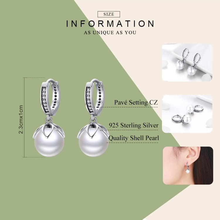 Silver hoop drop shell pearl earrings with CZ