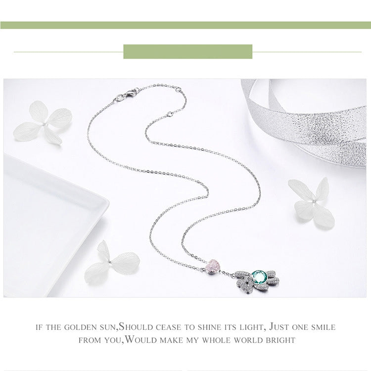 Sterling silver necklace with rose gold plated bear and zircon pendant