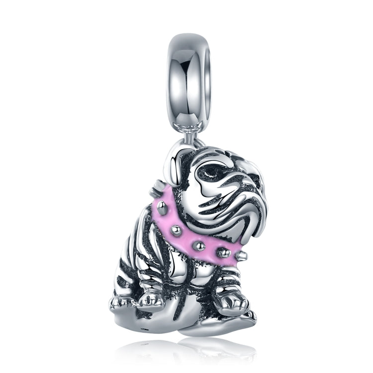 Sterling silver bulldog charm bead with pink enamel and dangling hoop