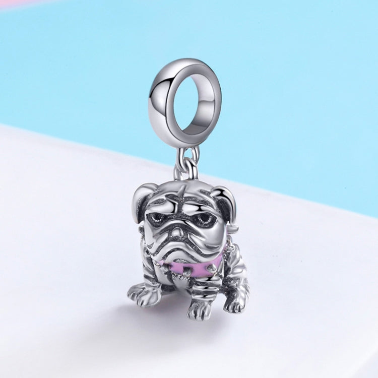 Sterling silver bulldog charm bead with pink enamel, front view