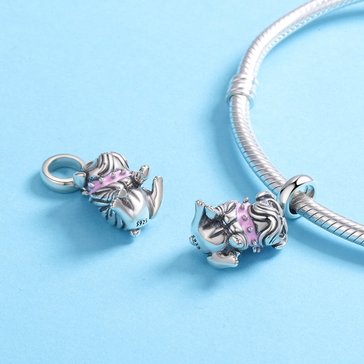 Sterling silver bulldog charm bead on snake-chain bracelet with clasp ring