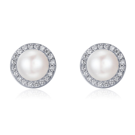 Sterling silver pearl stud earrings with crystal halo