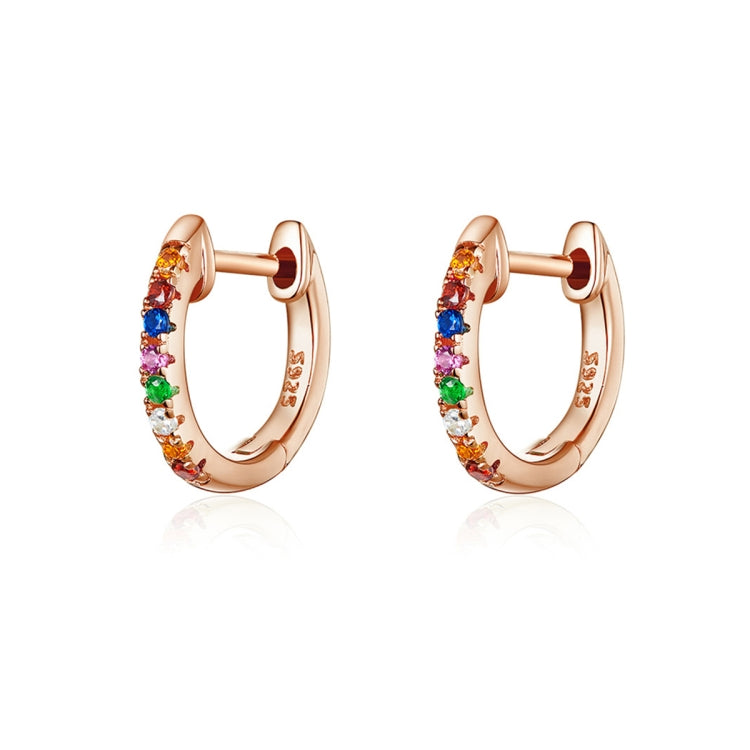 Rose gold hoop earrings with rainbow zircon stones, small hinged clasp