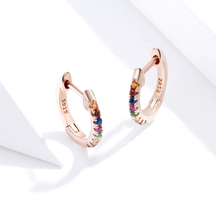 Rose gold hoop earrings with rainbow zircon stones and 925 marking