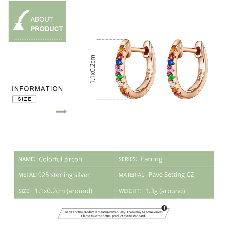 Rose gold hoop earrings with rainbow zircon stones, product information layout