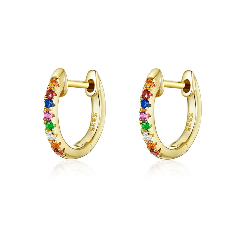Gold hoop earrings with rainbow zircon stones, multicolor sparkle accents