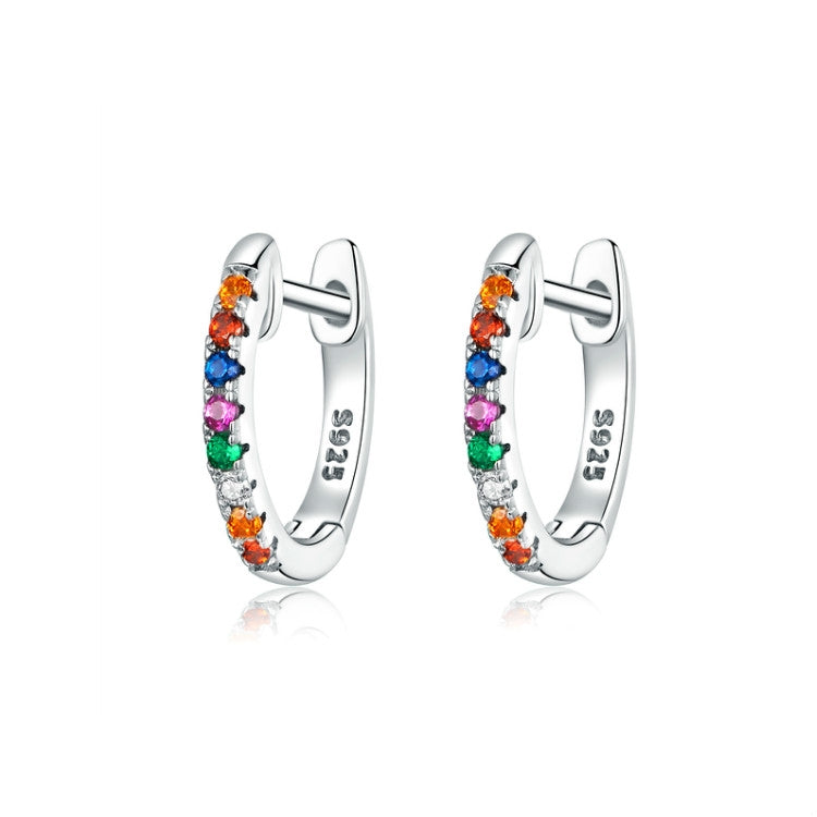 Silver hoop earrings with rainbow zircon stones and 925 marking