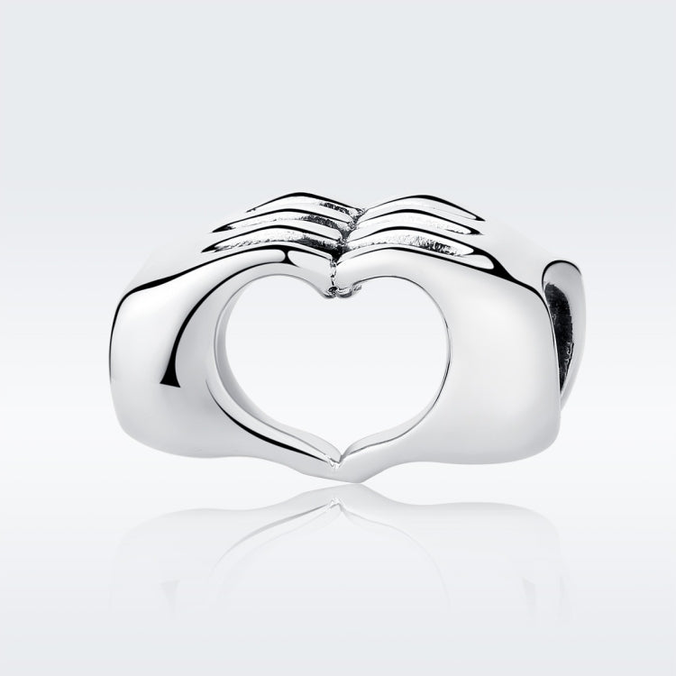 S925 sterling silver heart bead, holding-hands engraving, glossy round center opening