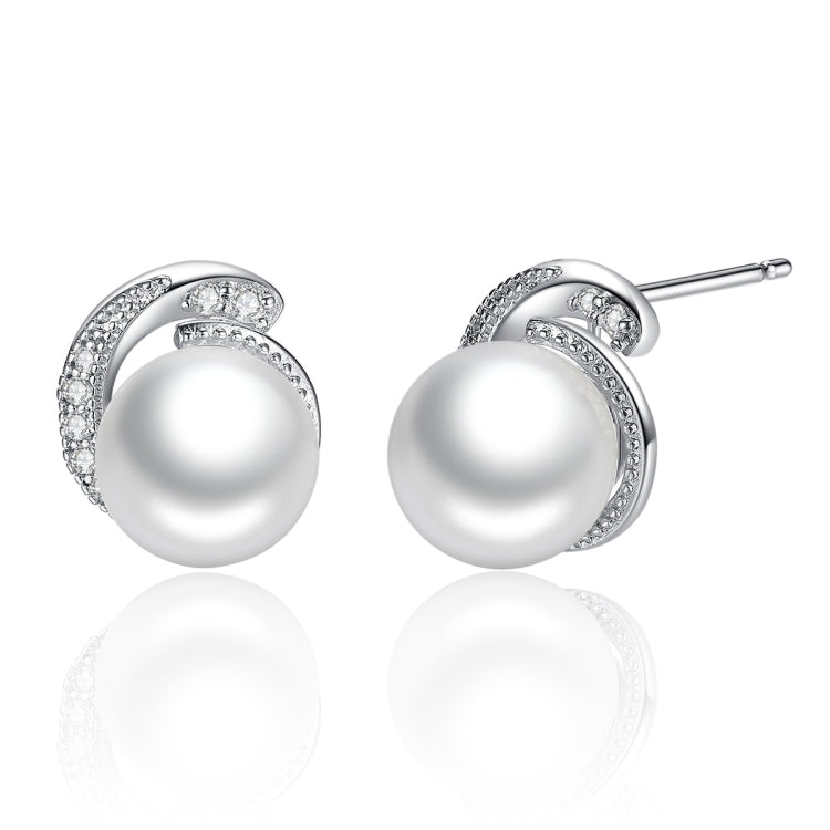White pearl stud earrings with diamond-look halo, S925 sterling silver posts