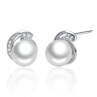 White pearl stud earrings with diamond-look halo, S925 sterling silver posts
