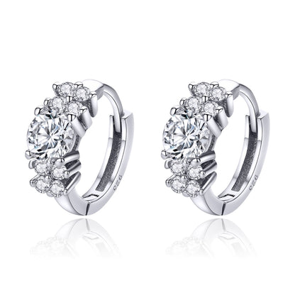Silver hoop earrings with round CZ centerpiece and pave stones, hinged design