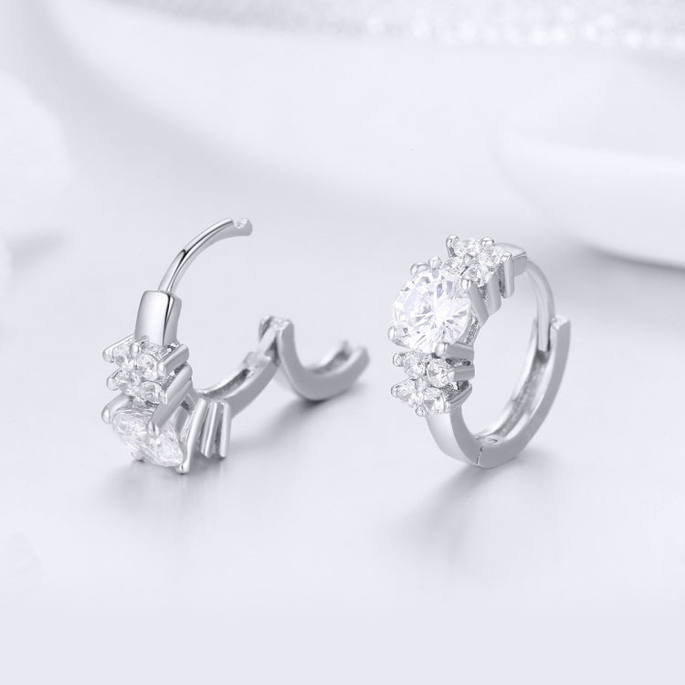Silver CZ hoop earrings with clustered round stones and open top hinge