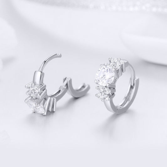 Silver CZ hoop earrings with clustered round stones and open top hinge