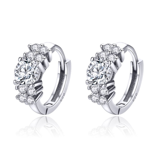 Silver hoop earrings with round CZ centerpiece and pave stones, hinged design