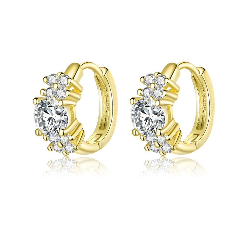 Gold-tone CZ hoop earrings with round center stone and pave cluster stones