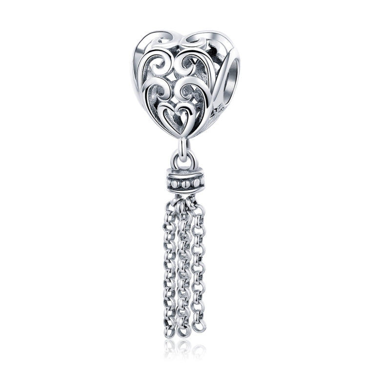 Heart-shaped sterling silver bead charm with swirling details and dangling chain tassel