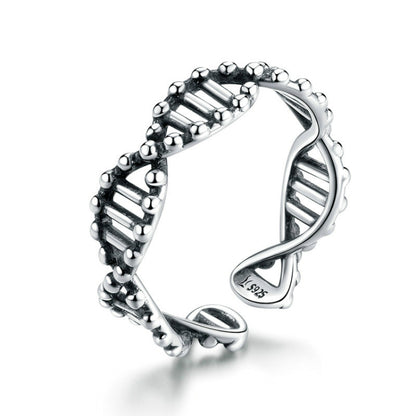 Vintage DNA-style open sterling silver ring with bead and bar textured design