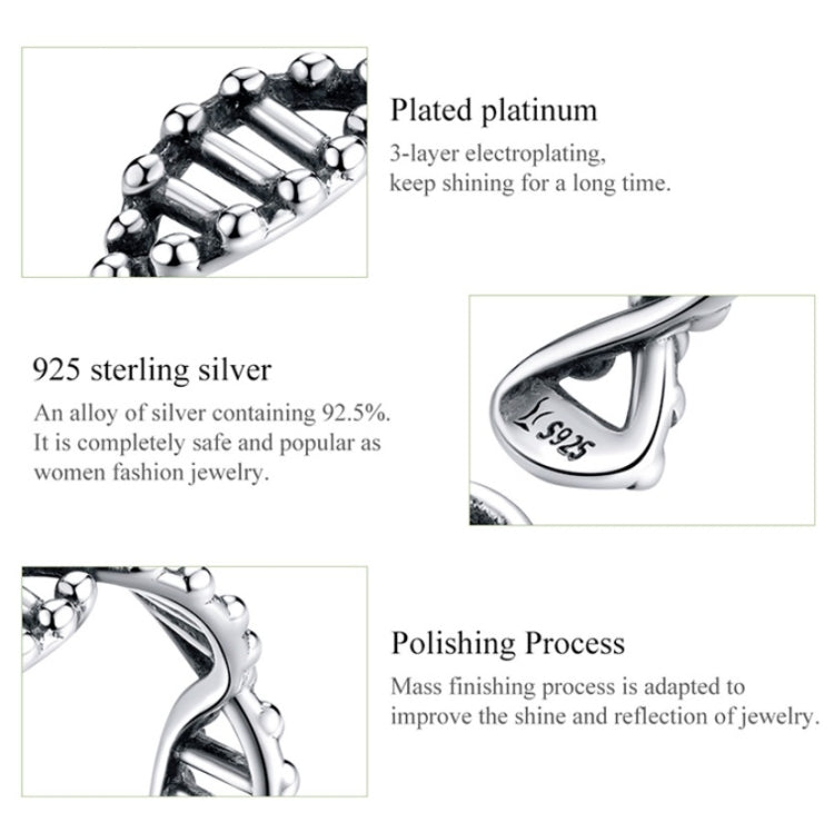 Sterling silver open DNA-style ring with curved bar sections and bead accents